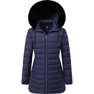 Women's Navy Long Down Jacket Winter Hooded Puffer Coat